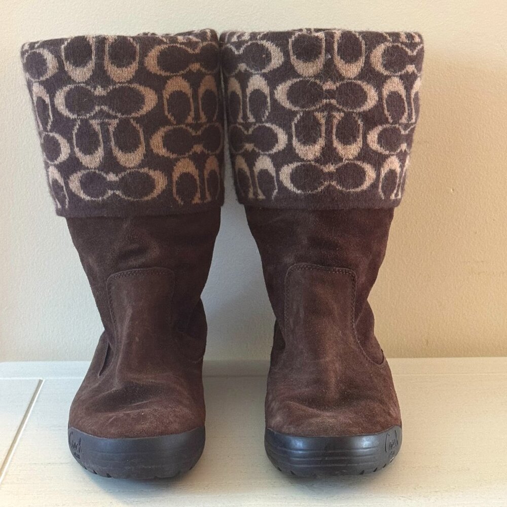 Vintage Coach Tatum Brown Suede Logo Knit Legwarmer Reversible Boots | Sz 8.5 M